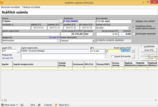 Pénzügyi szállítói számla felvitel